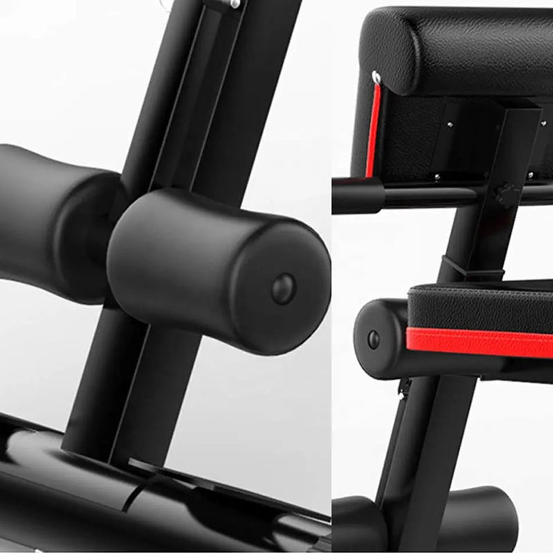 Close-up of a weight bench backrest and leg rollers