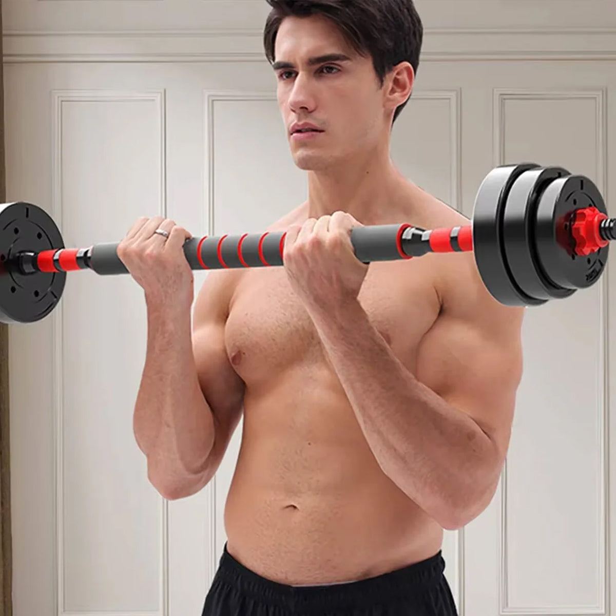 Person training with adjustable dumbbells or a barbell