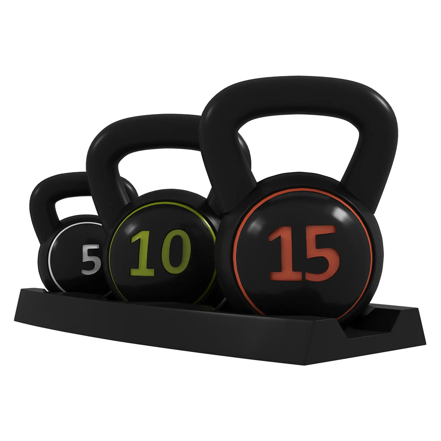 Three kettlebells marked 5, 10 and 15