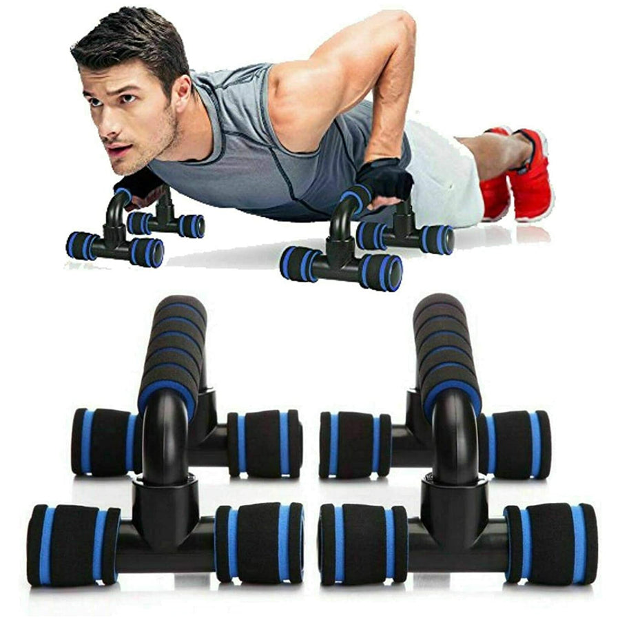 Person demonstrating push-up bar exercises