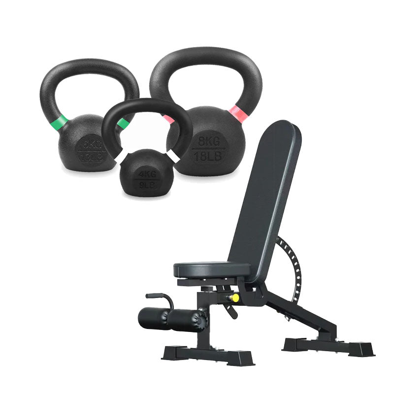 Set of cast iron kettlebells with adjustable weight bench