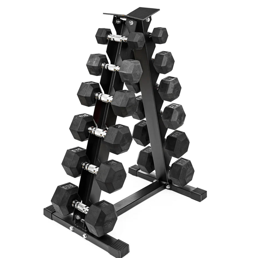 Hex dumbbells on a six-tier tree rack