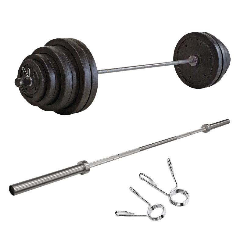 Olympic barbell with plates, spare bar and spring collars