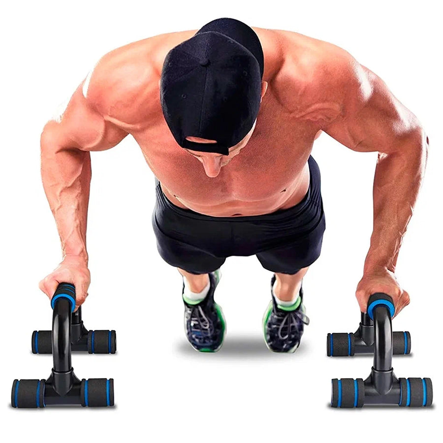 Person demonstrating push-up bar exercises