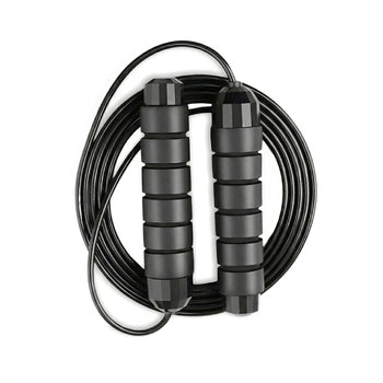Coiled black skipping rope with handles