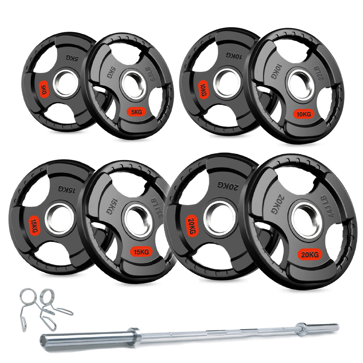 Tri-grip weight plate set with barbell and spring collars