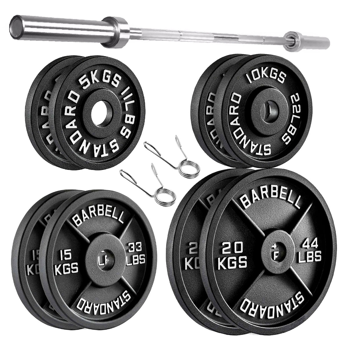 Cast iron weight plate set with barbell and spring collars