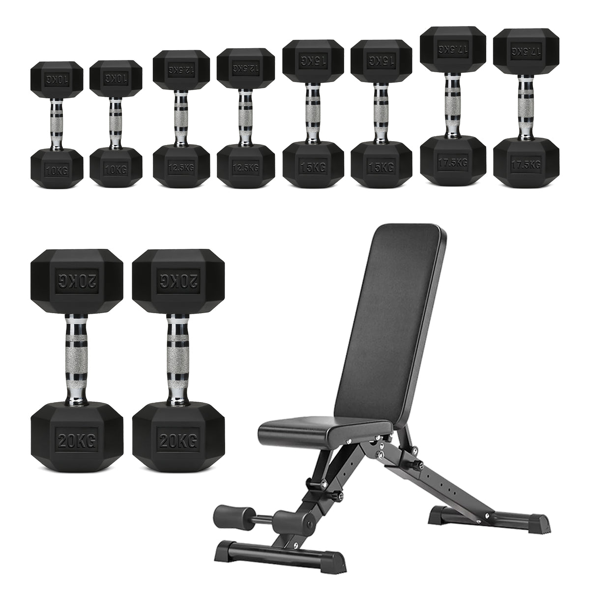 Hex dumbbell set with adjustable weight bench