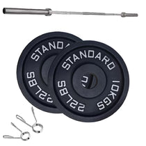 Cast iron weight plate set with barbell and spring collars