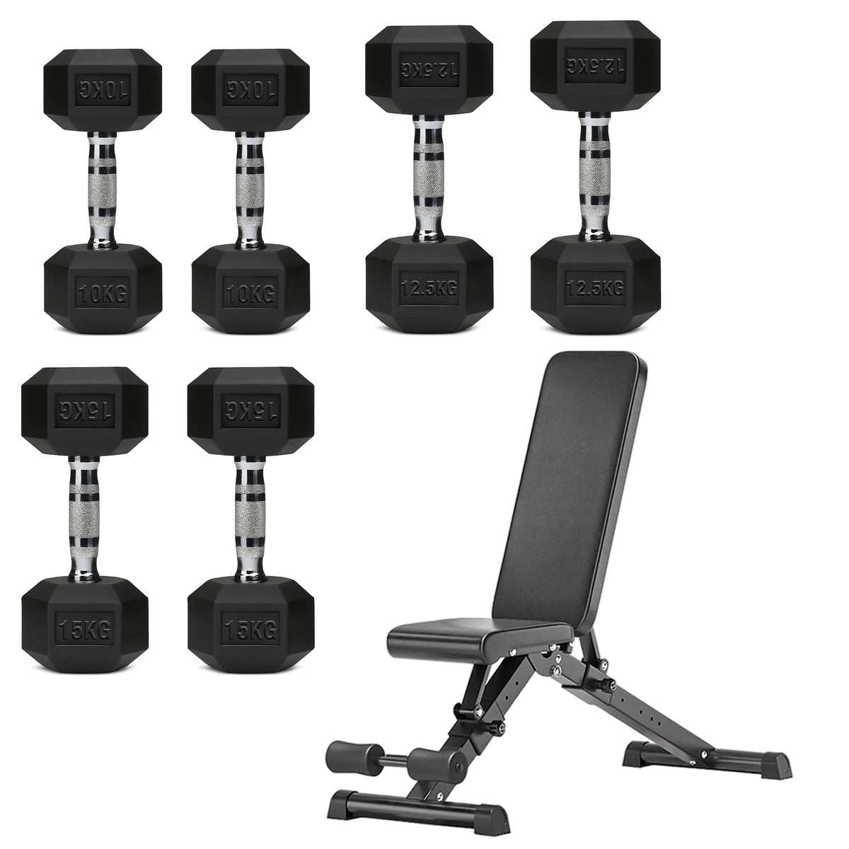 Hex dumbbell set with adjustable weight bench