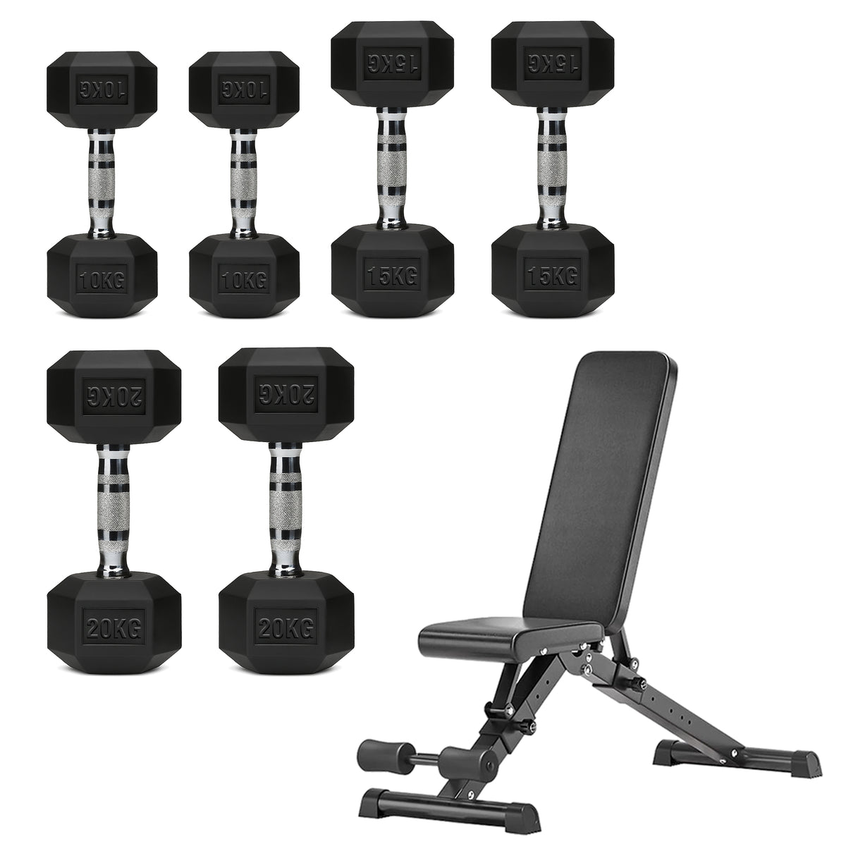 Hex dumbbell set with adjustable weight bench