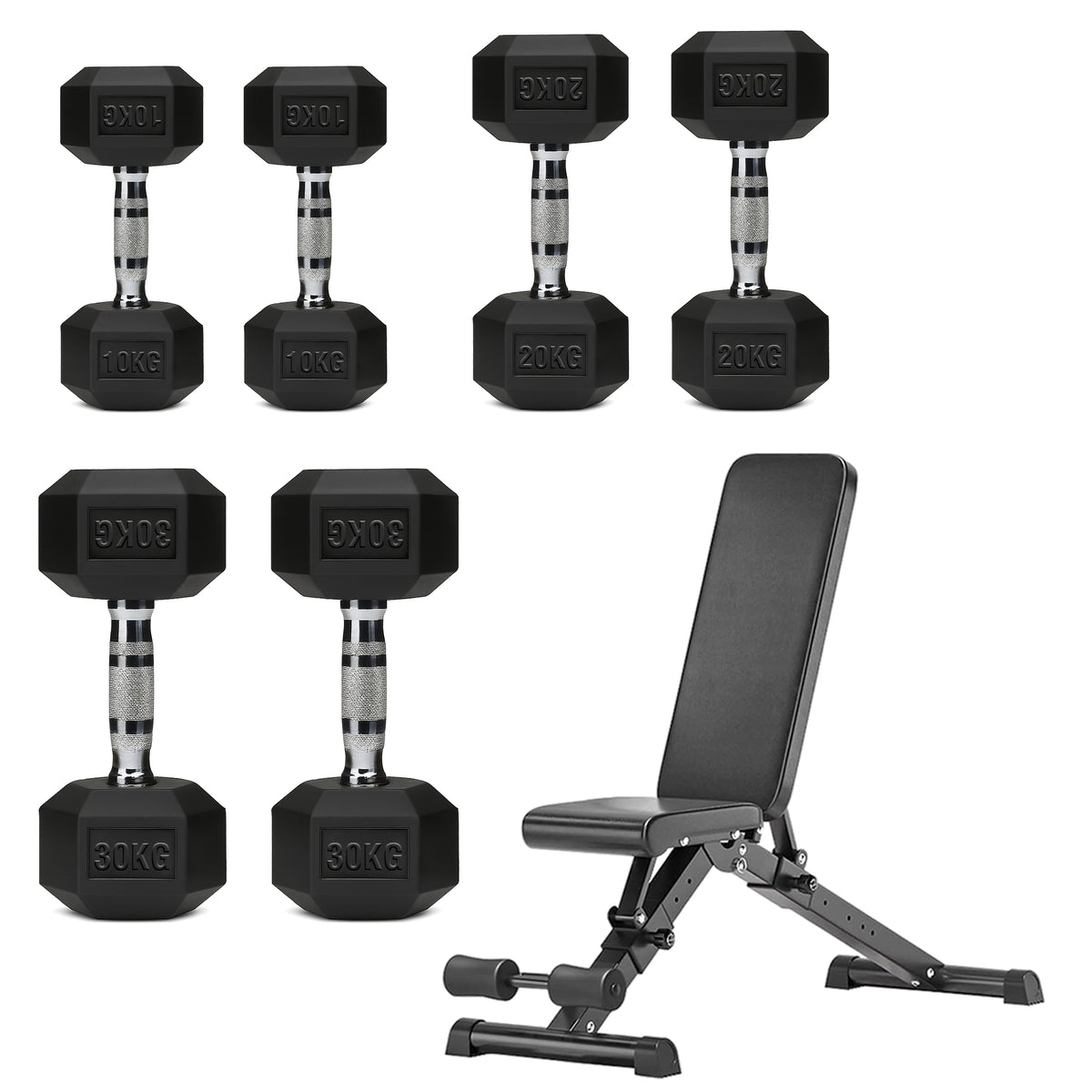 Hex dumbbell set with adjustable weight bench