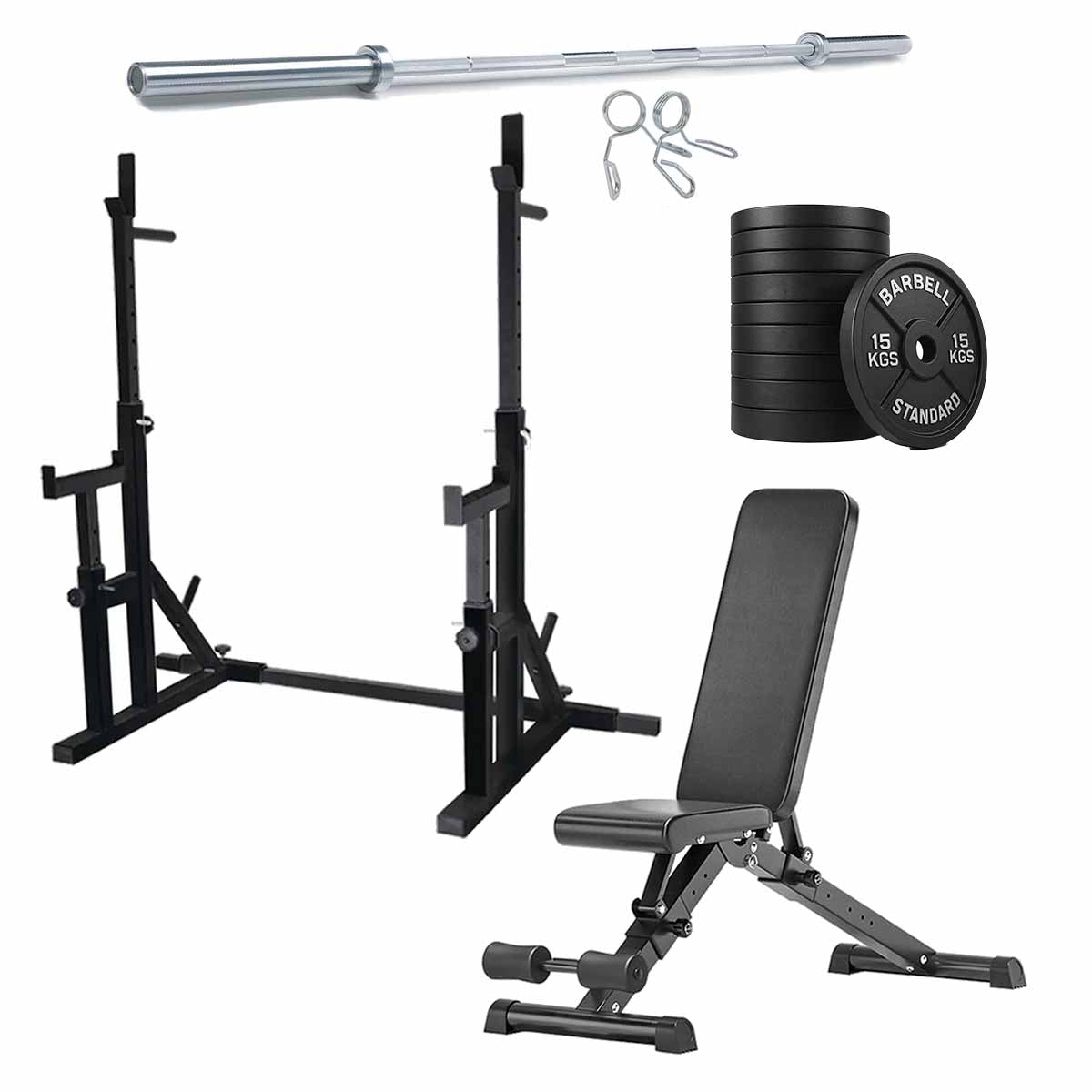 Black squat rack set with weight plates and adjustable bench