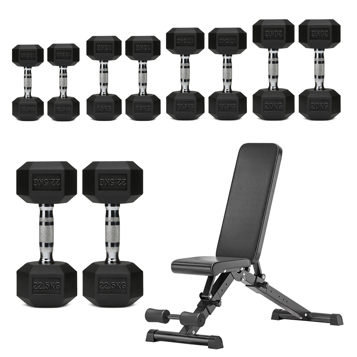Hex dumbbell set with adjustable weight bench