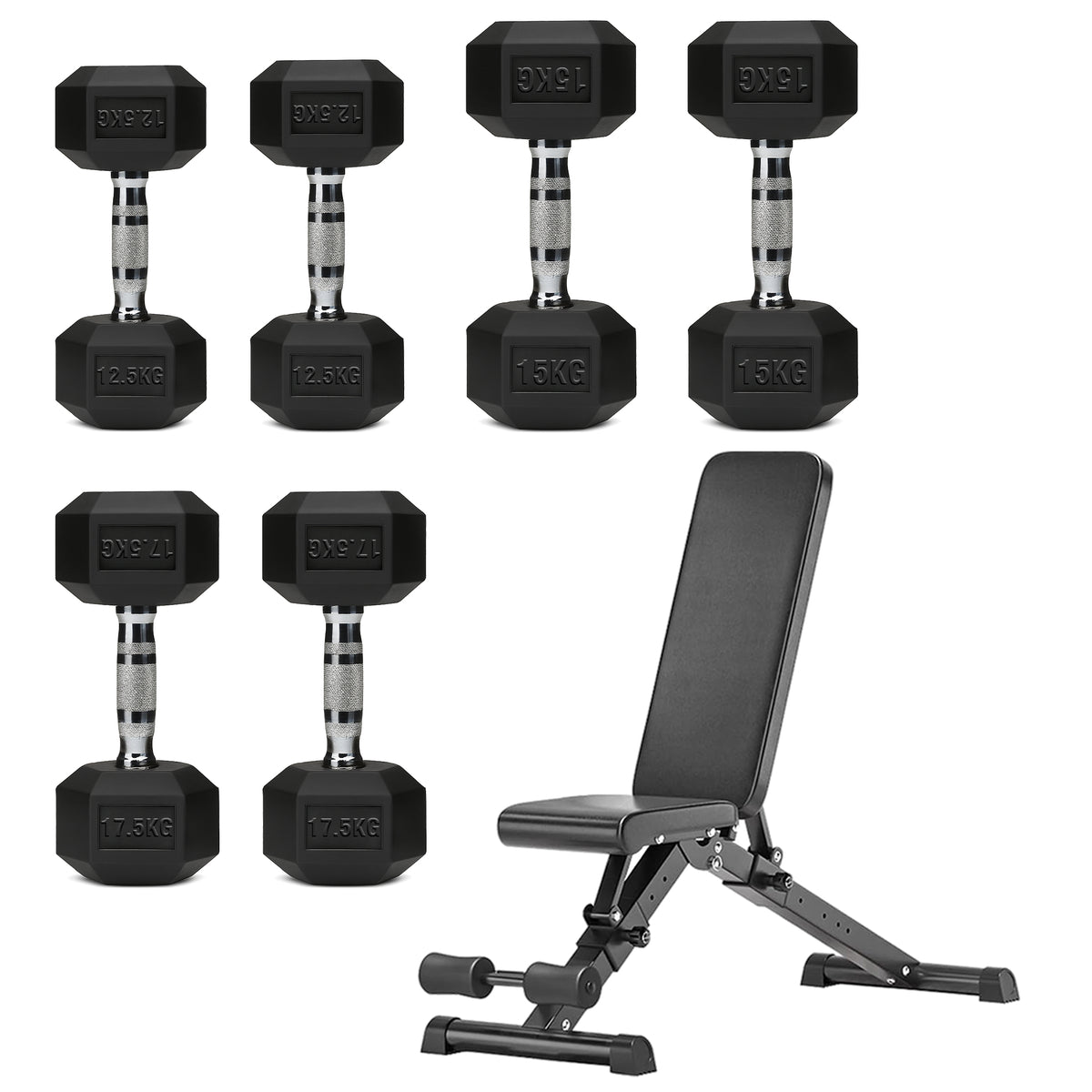 Hex dumbbell set with adjustable weight bench