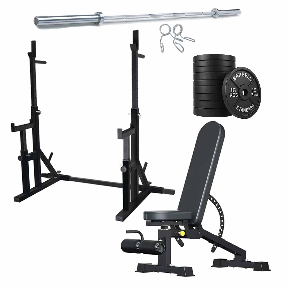 Black squat rack set with weight plates and adjustable bench