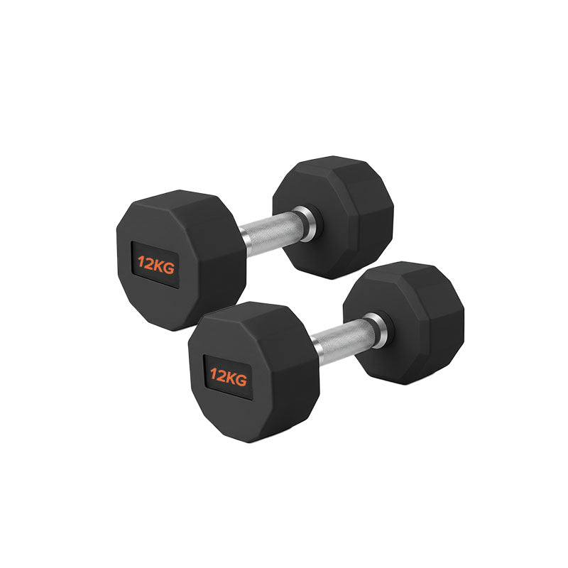 Pair of rubber hex dumbbells with red weight markings