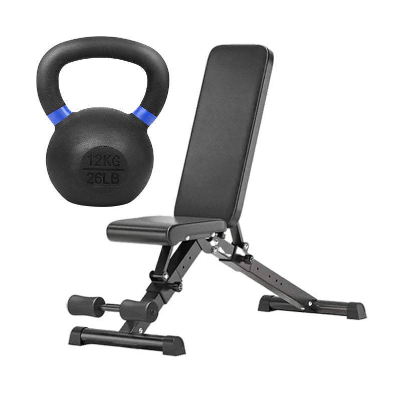 Cast iron kettlebell and adjustable weight bench