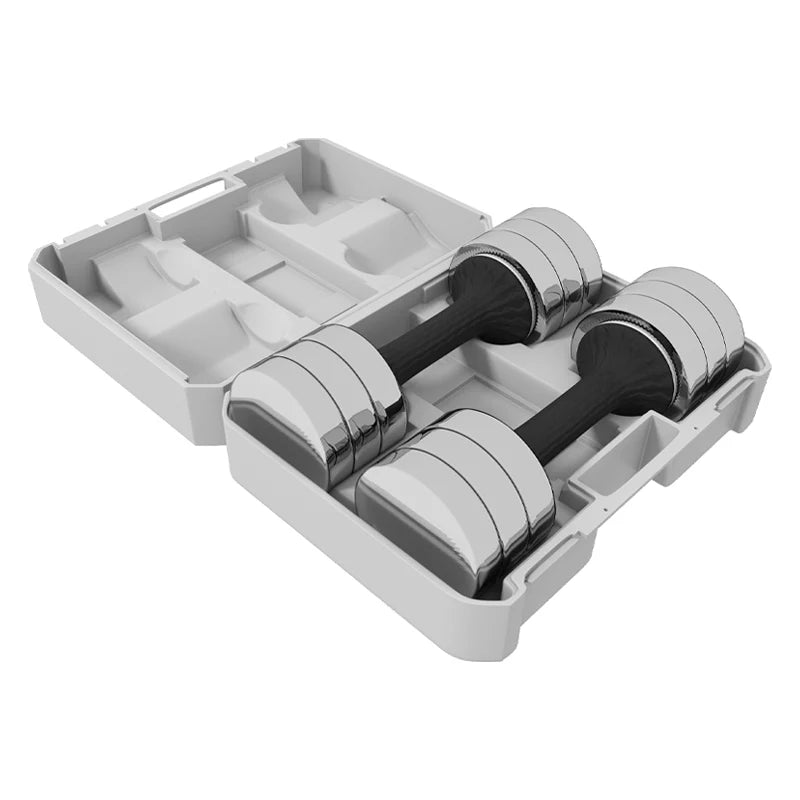 Adjustable dumbbell set in a storage case