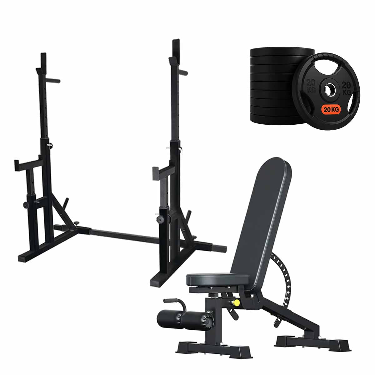 Black squat rack set with weight plates and adjustable bench