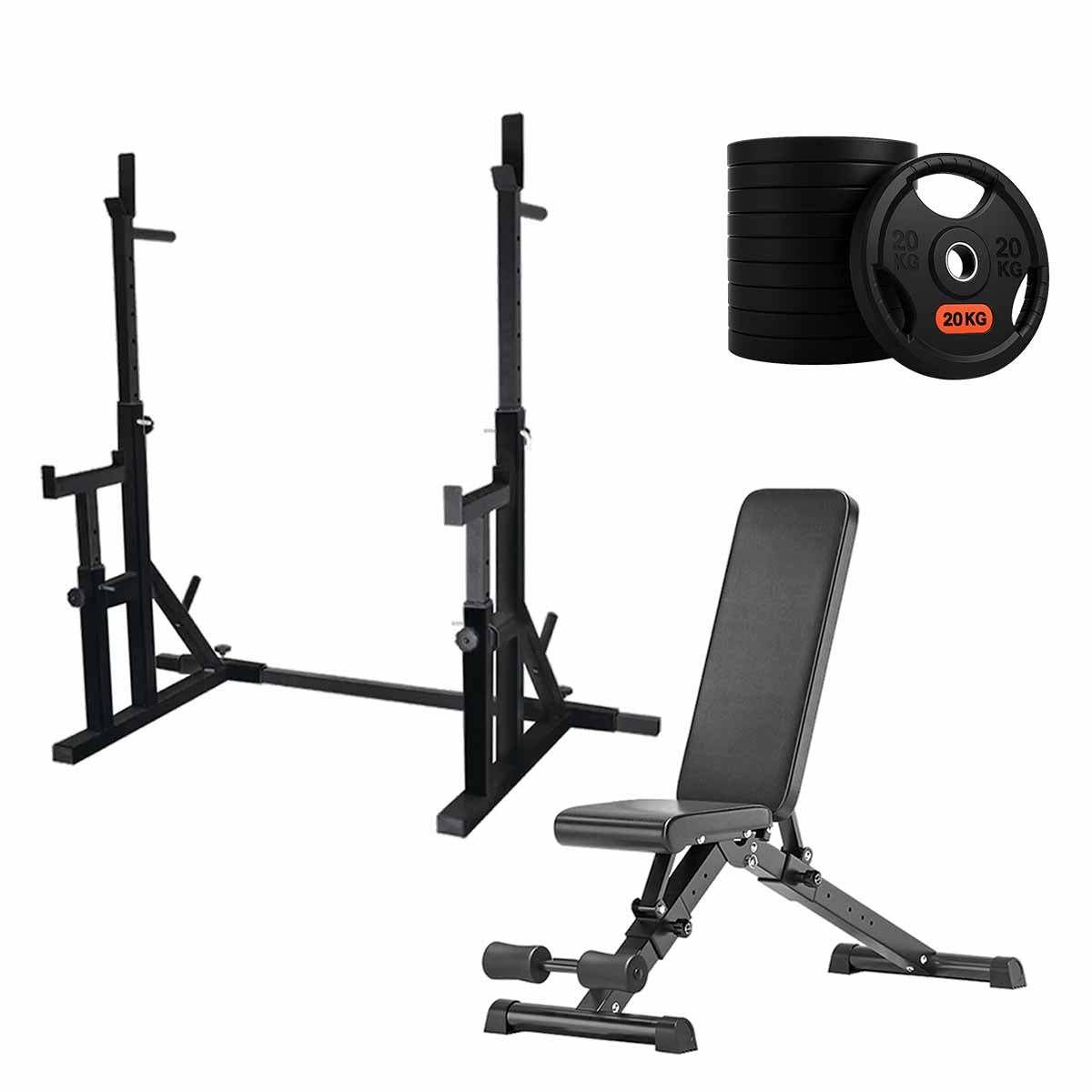 Black squat rack set with weight plates and adjustable bench