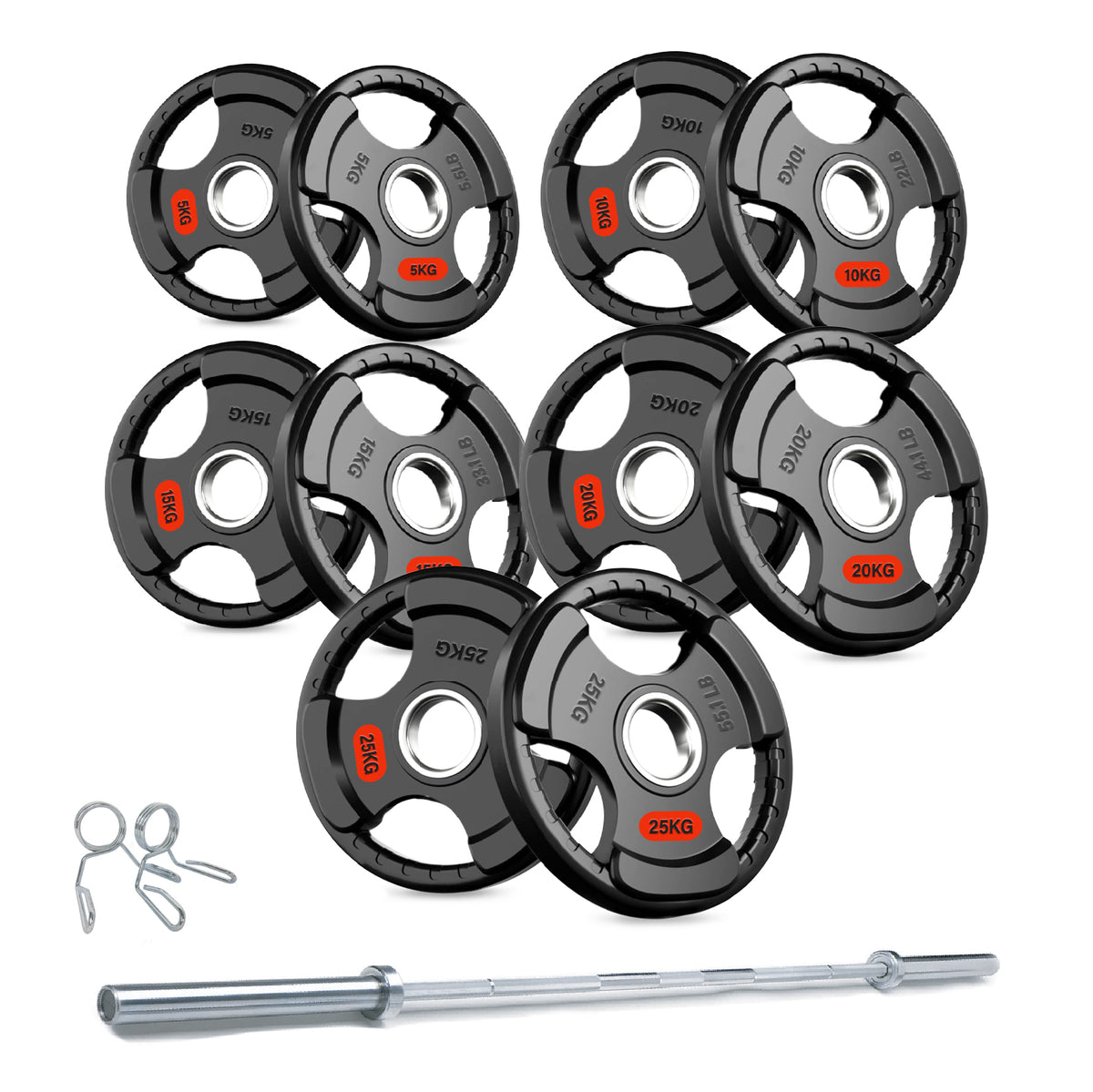 Tri-grip weight plate set with barbell and spring collars