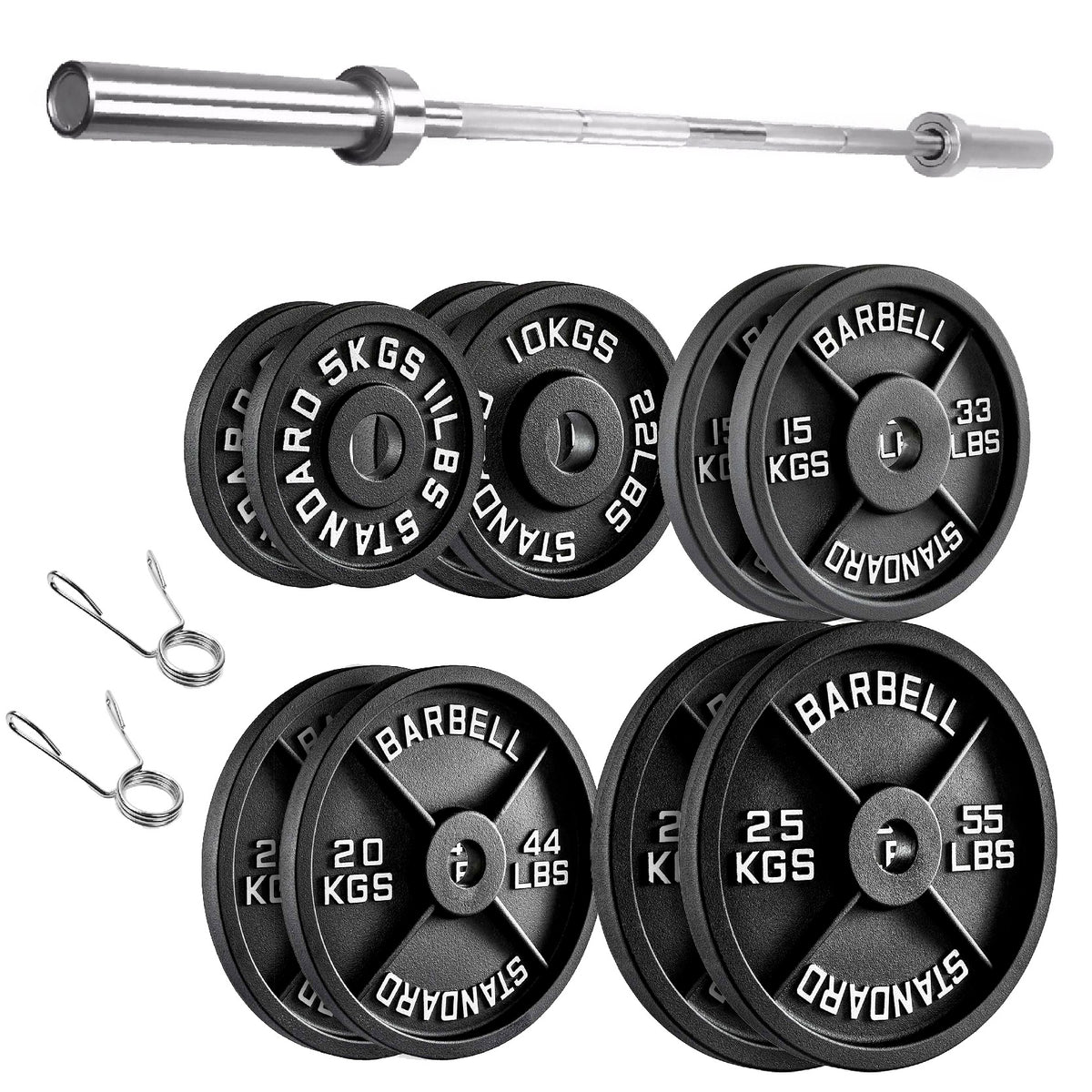 Cast iron weight plate set with barbell and spring collars