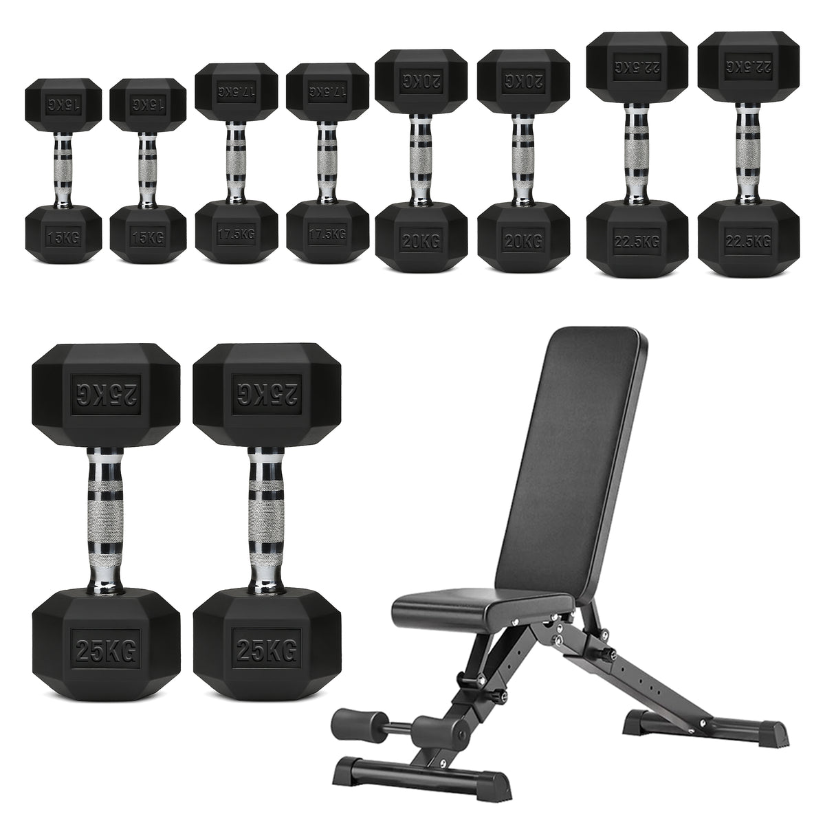 Hex dumbbell set with adjustable weight bench