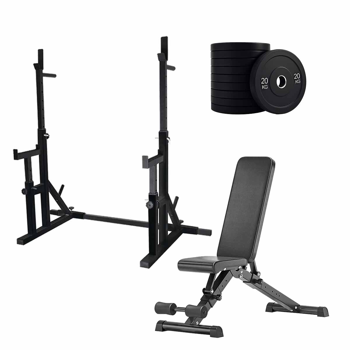 Black squat rack set with weight plates and adjustable bench