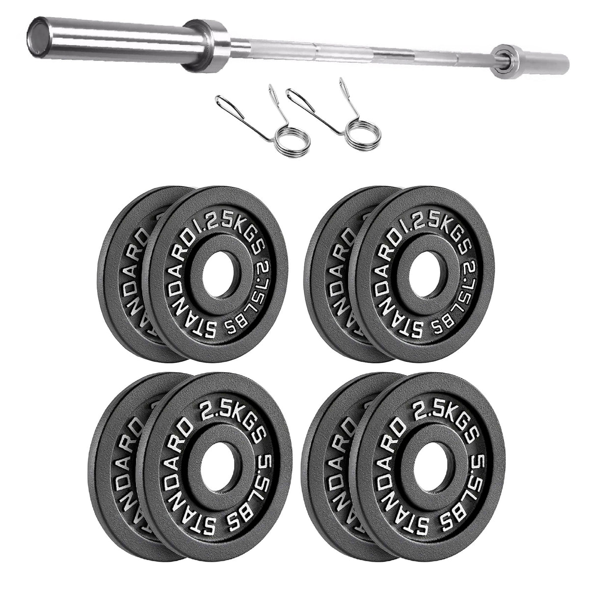 Cast iron weight plate set with barbell and spring collars