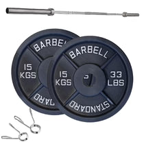 Cast iron weight plate set with barbell and spring collars