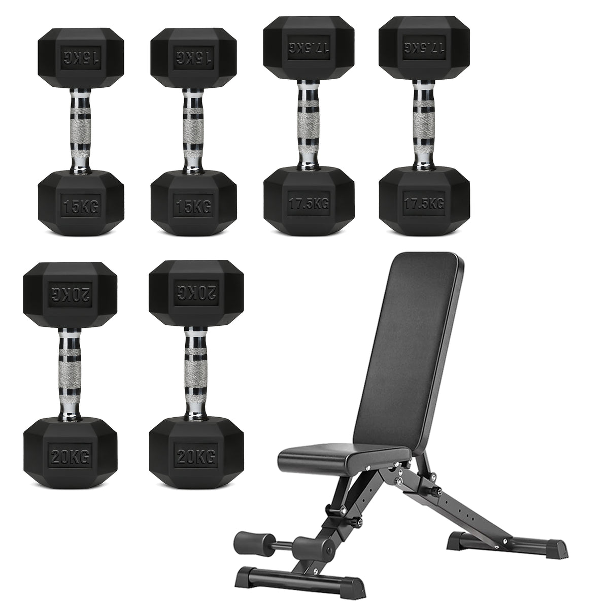 Hex dumbbell set with adjustable weight bench