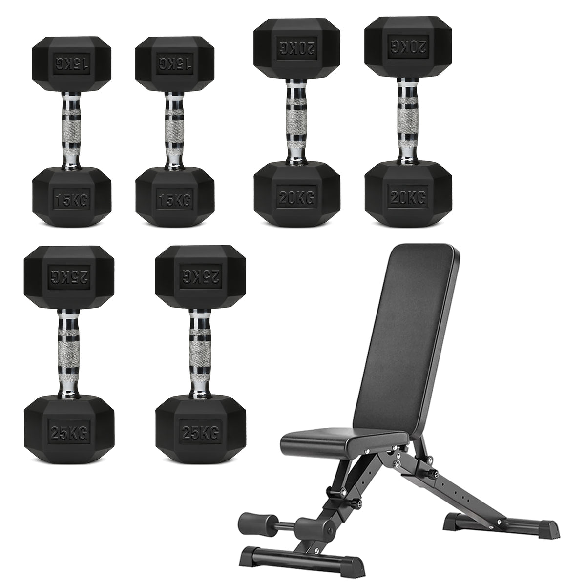 Hex dumbbell set with adjustable weight bench