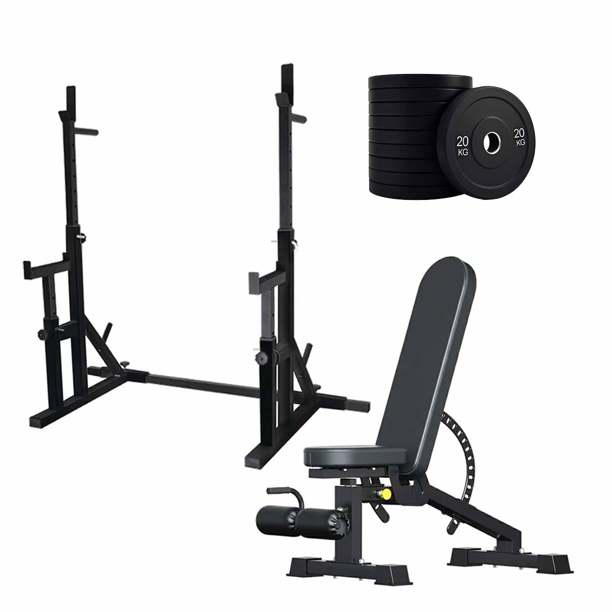 Black squat rack set with weight plates and adjustable bench