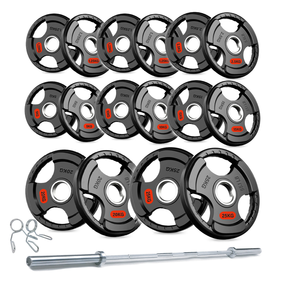 Tri-grip weight plate set with barbell and spring collars