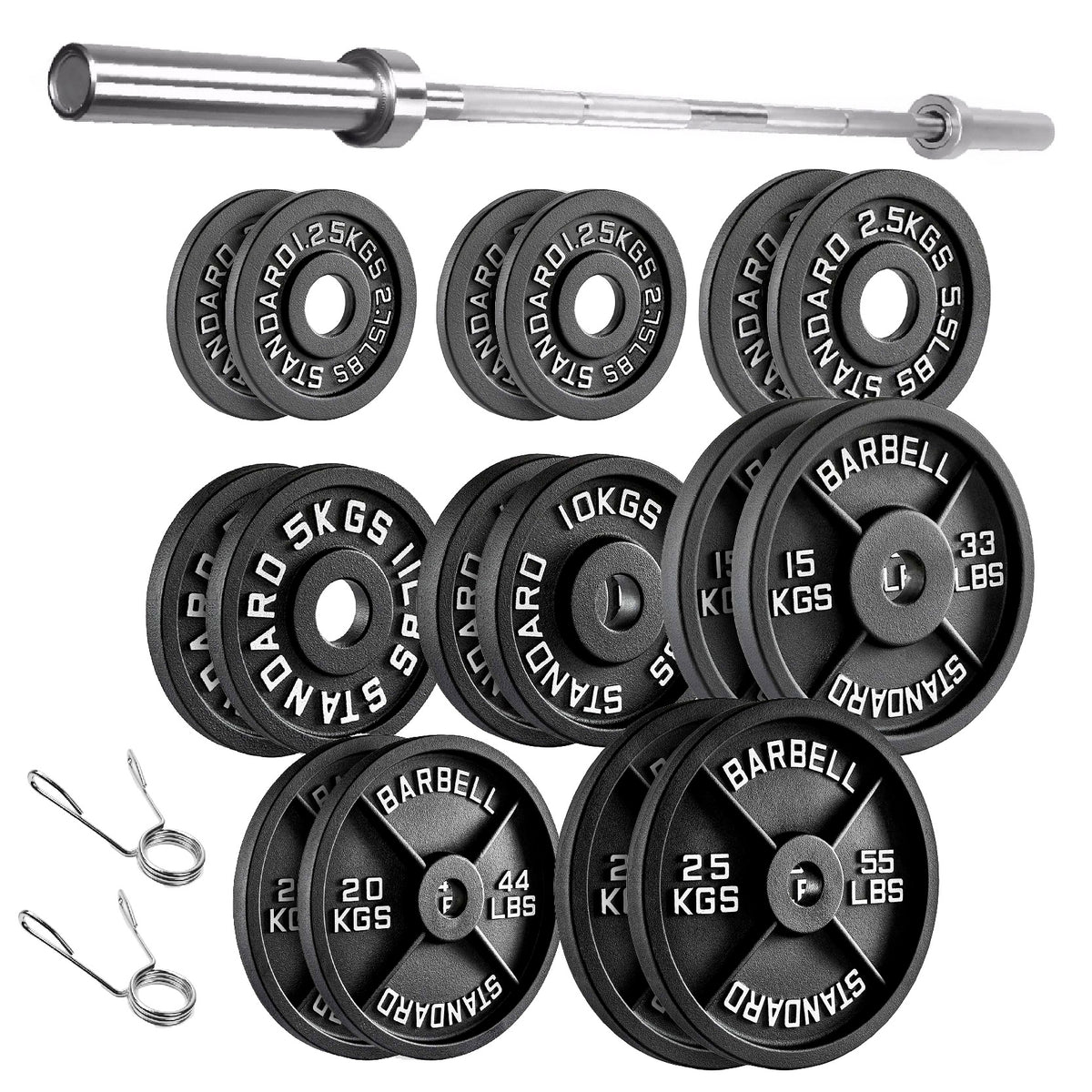 Cast iron weight plate set with barbell and spring collars