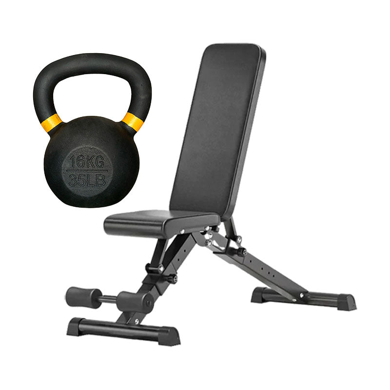 Cast iron kettlebell and adjustable weight bench
