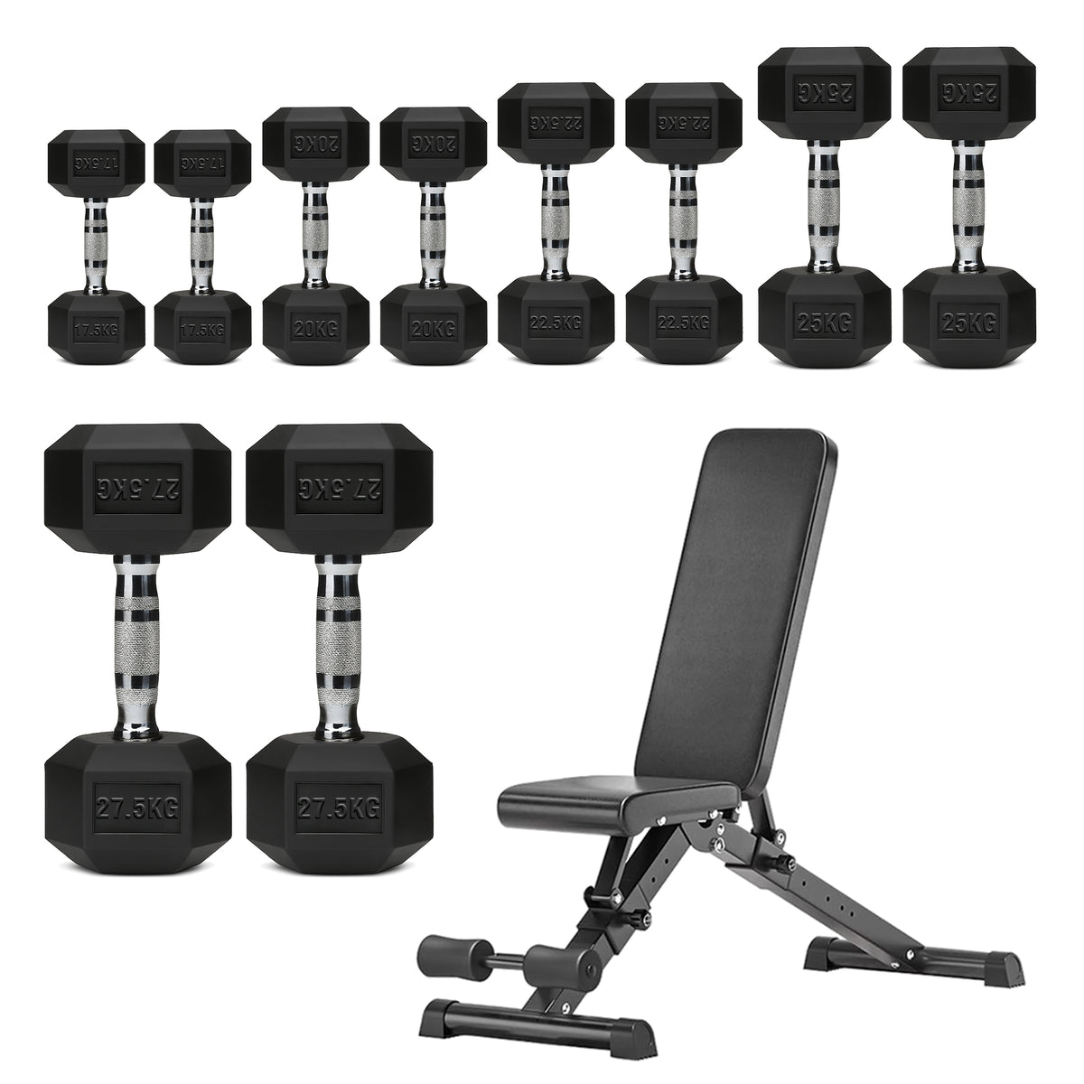 Hex dumbbell set with adjustable weight bench