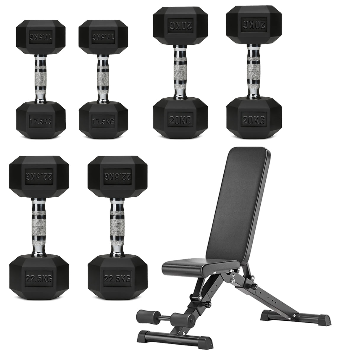 Hex dumbbell set with adjustable weight bench