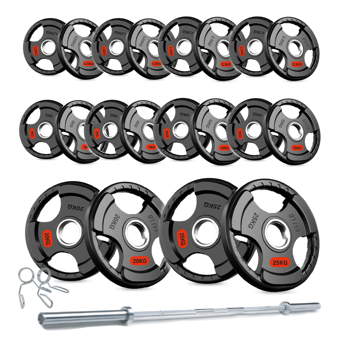 Tri-grip weight plate set with barbell and spring collars