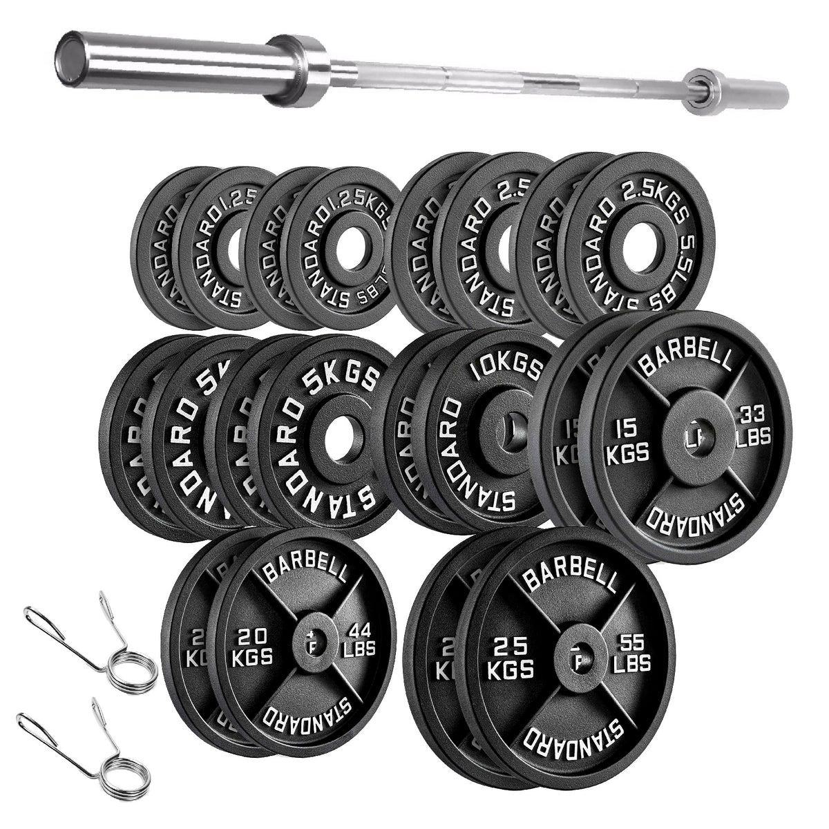 Cast iron weight plate set with barbell and spring collars