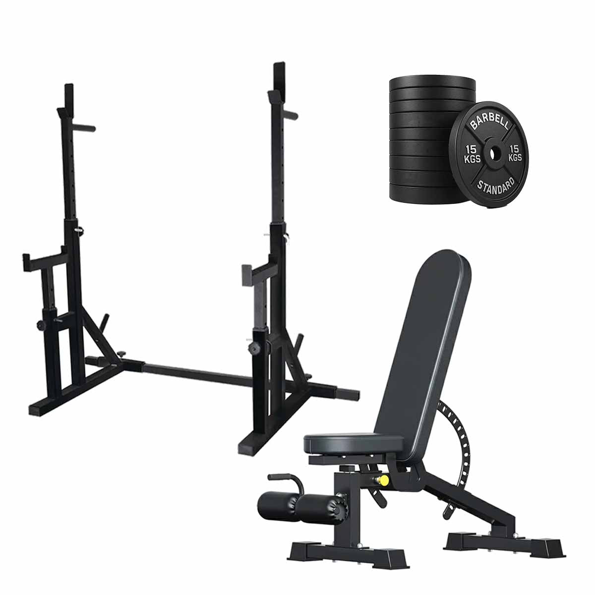 Black squat rack set with weight plates and adjustable bench