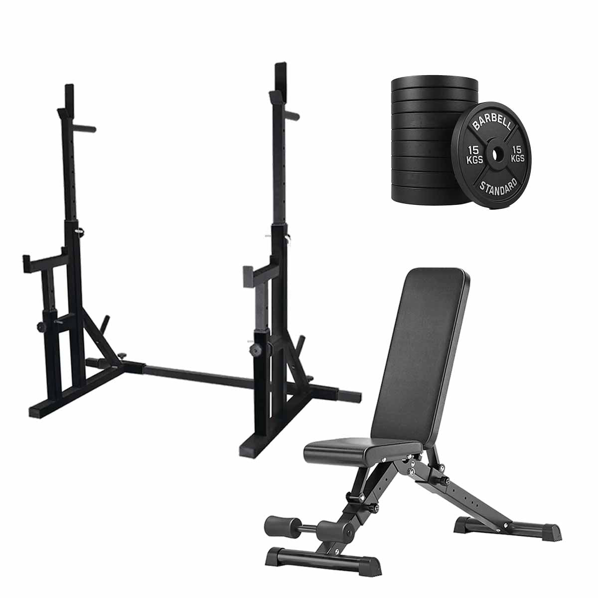 Black squat rack set with weight plates and adjustable bench