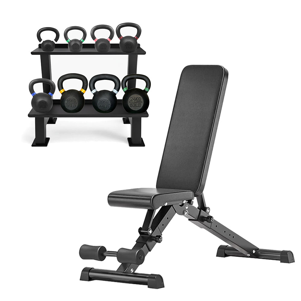 Kettlebell storage rack set with adjustable bench