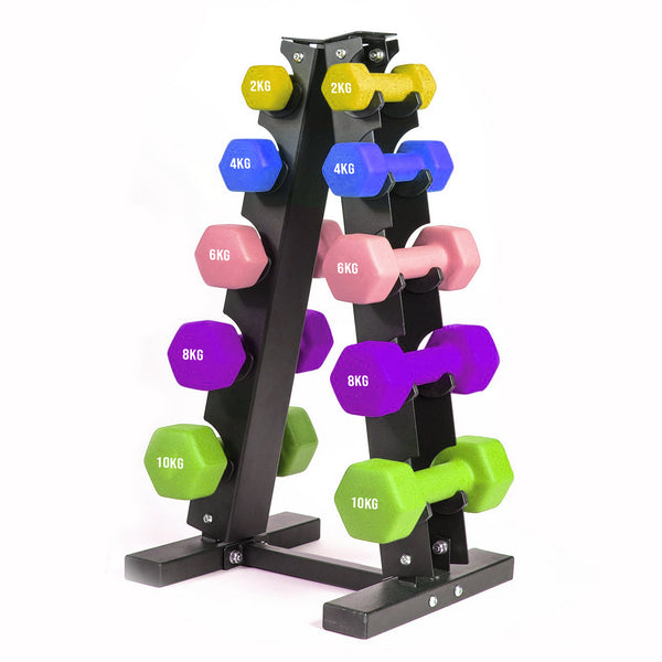 Neoprene dumbbells on a compact storage rack