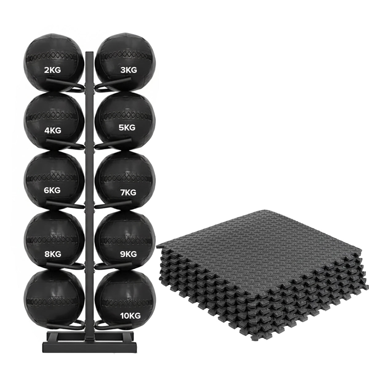 Wall ball rack set with interlocking gym floor mats