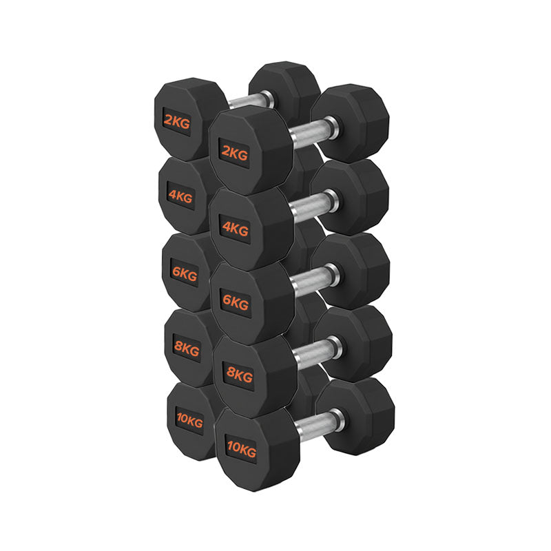Hex dumbbell pairs on a compact storage rack
