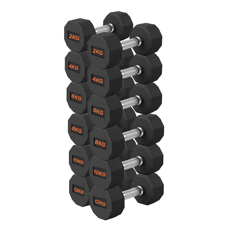 Hex dumbbell pairs on a compact storage rack