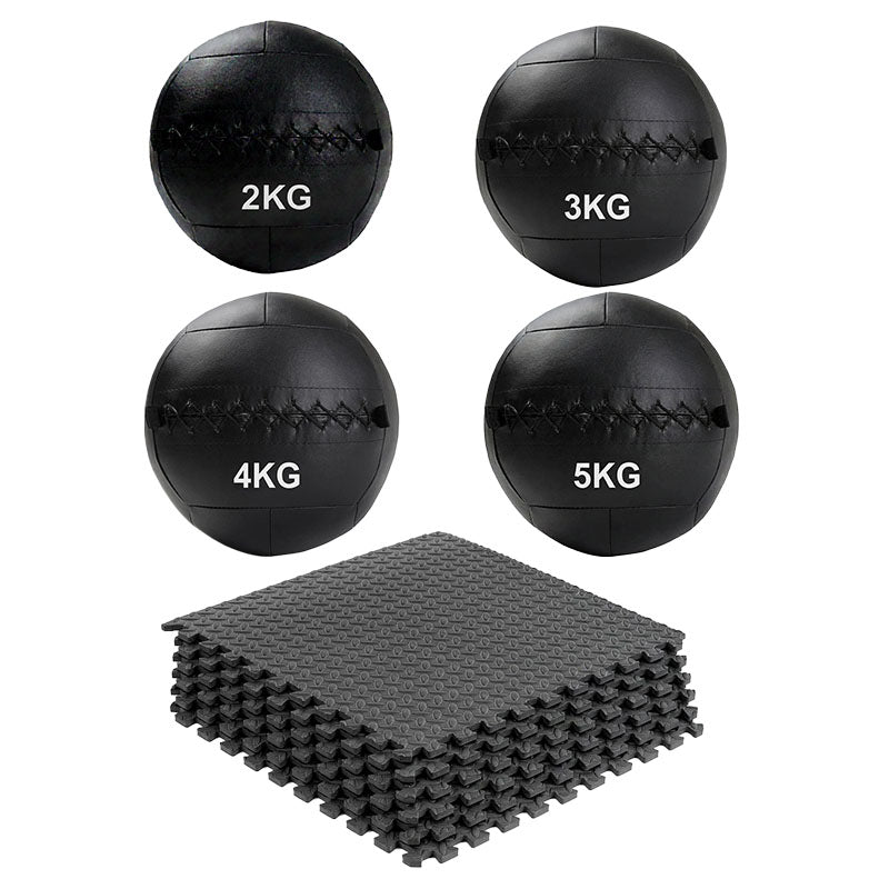 Set of four wall balls with interlocking gym floor mats