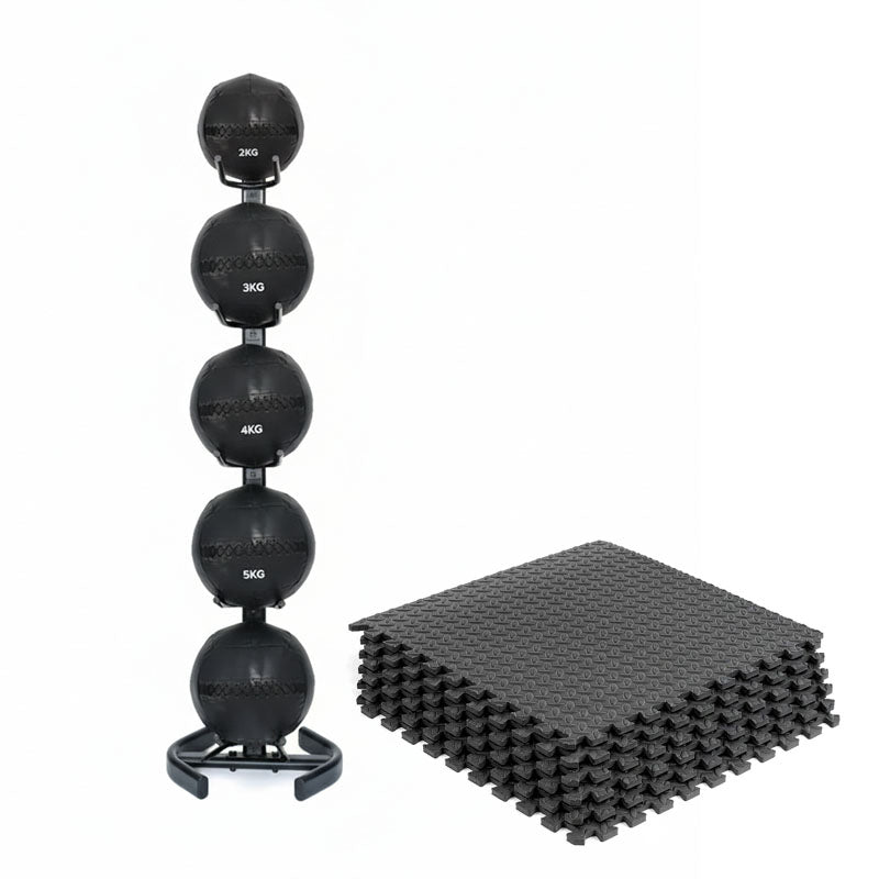 Wall ball storage rack set with interlocking gym floor mats